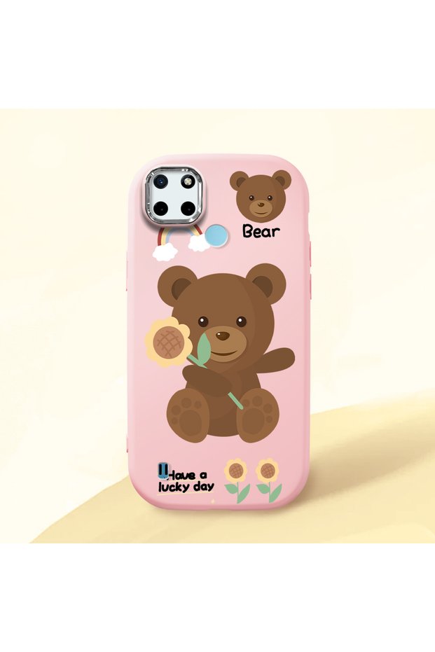 Realme C25Y Compatible Case Camera Protector Pink Silicone Couple Phone Case with Bear Pattern