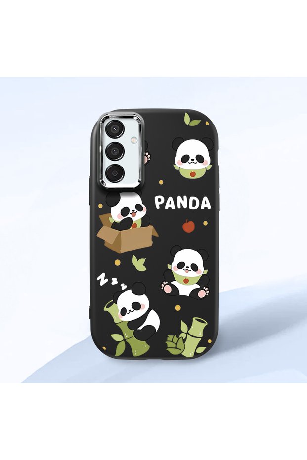 Samsung Galaxy M15 Compatible Case Camera Protective Black Silicone Couple Phone Case Panda Patterned