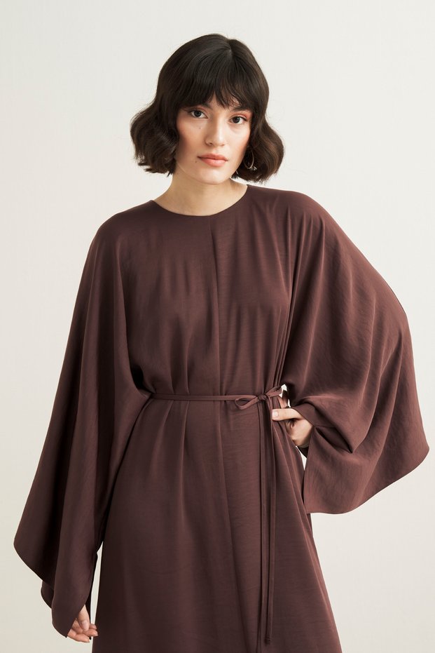 Yasira Bat Sleeve Satin Dress Brown