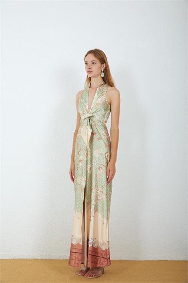Women's Green Satin Fabric Slit Floral Pattern Tie-Up Maxi Dress Nbmy4109