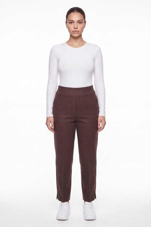 Women's Brown Winter High-Waisted Trousers with Stone Detail on the Cuffs and Waist