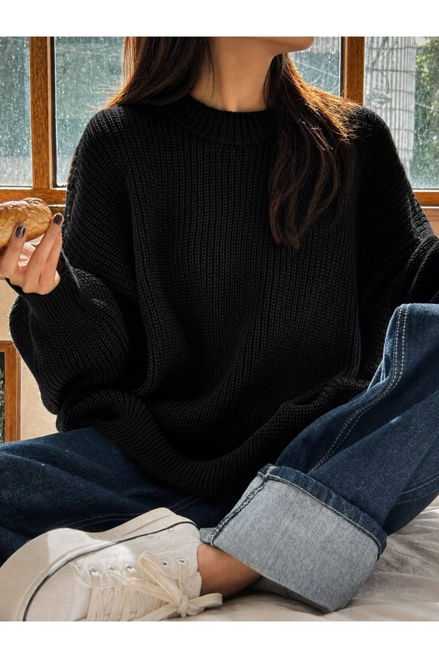 Women's Oversize Knitwear Sweater Crew Neck Thessaloniki Knit Soft Textured Casual Stylish Winter Sweater