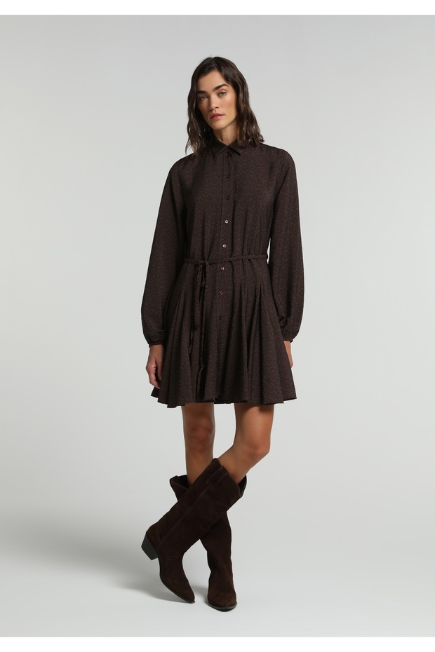 Regular Fit Printed Women's Brown Long Sleeve Dress