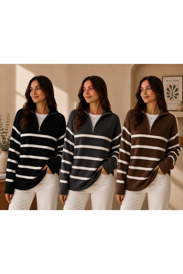 Women's 3-Piece Thessaloniki Knitted Half-Zip Striped Knitwear Sweater High Collar Winter