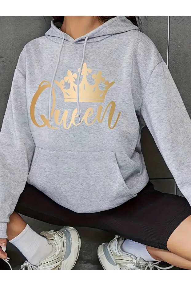 Women's Crown & Queen Text Printed Black Gray Hooded Kangaroo Pocket Unisex Oversize Sweatshirt