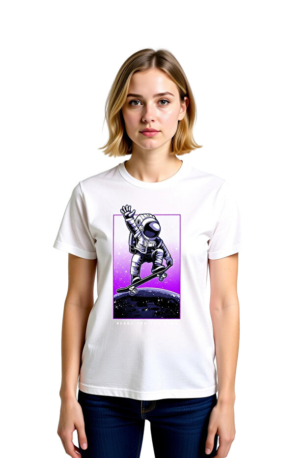 Women's Astronaut Skateboard Printed T-Shirt Space Themed Graphic Pattern Short Sleeve Round Neck Relaxed Fit