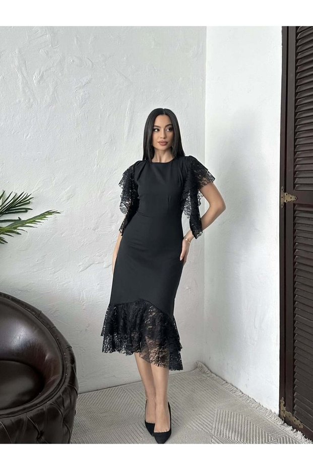 Women's Black - Black Maxi Length Lace Detailed Flounce Skirt Short Sleeve Dress