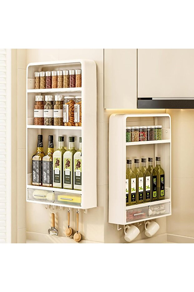 Spice Rack and Kitchen Storage Organizer - 3-Tier Kitchen Shelf with Drawers and Hooks for Spice Jars, No-Drill Adhesive Wall Mount for Home Organization