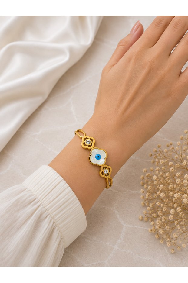 Women's Gold Color Steel Bracelet with Flower and Evil Eye Bead Detail