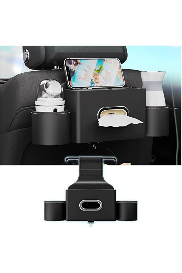 Nalakal Car Seat Back Organizer, Full Leather Cover Tissue Storage Box with Cup Holders and Hook, Storage Tool