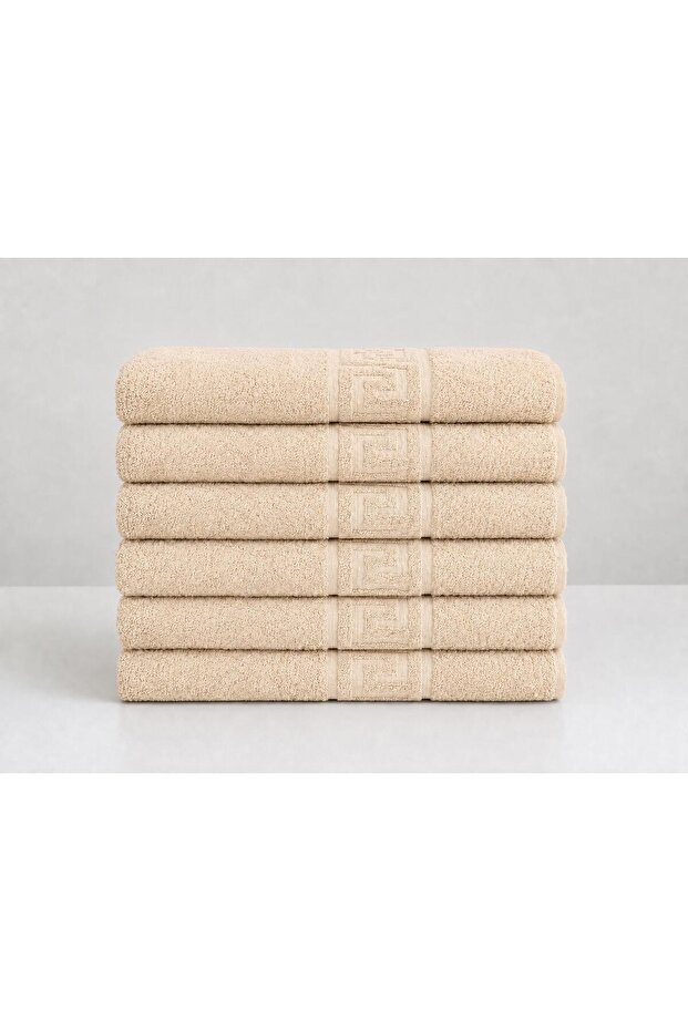 6 Pieces Greek Pattern Bath Towel Shower Hammam Sauna Towel 70X140 cm Cream 500 Grams Hotel Collection