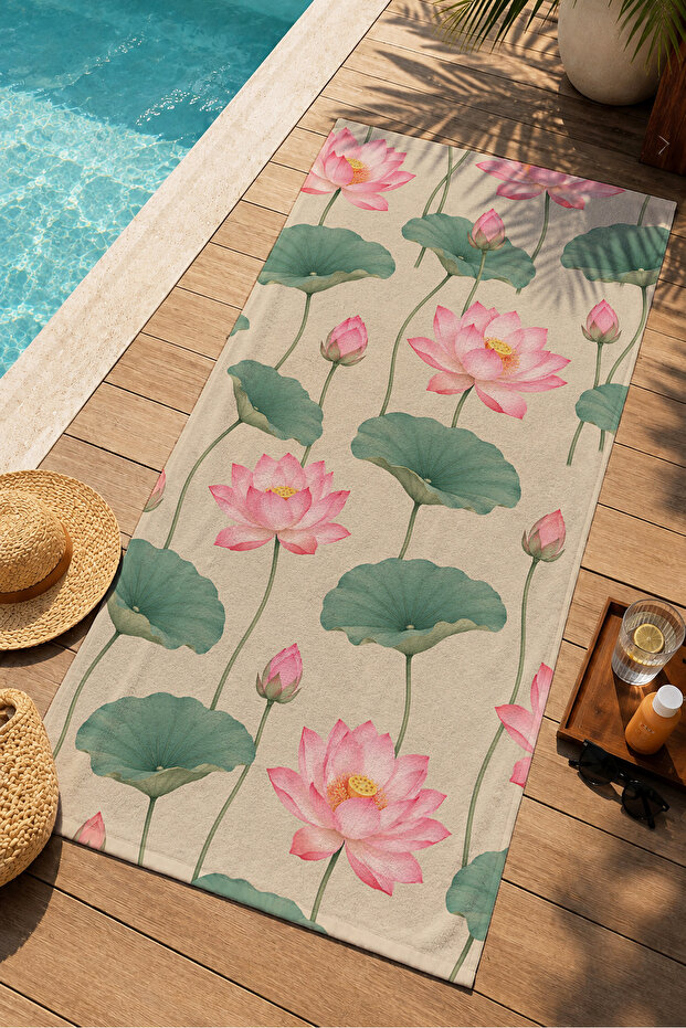 Pastel Green Lotus Flower Leaf Botanical Patterned 70X150 Beach Towel - Cotton Bath Towel