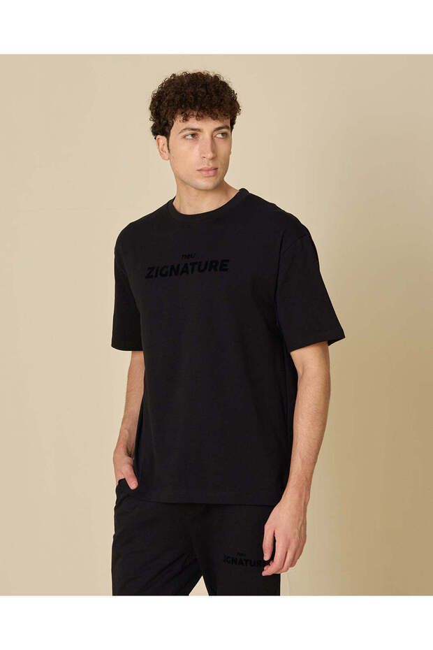 Men Black Peached Terry Relaxed Fit Lounge T-Shirt