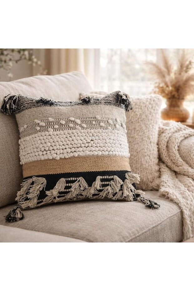 غطاء وسادة بوهو مزخرف، مقاس 18 × 18 بوصة، غطاء مربع ناعم بتصميم مغربي ريفي مع لمسات مزخرفة، بلس
