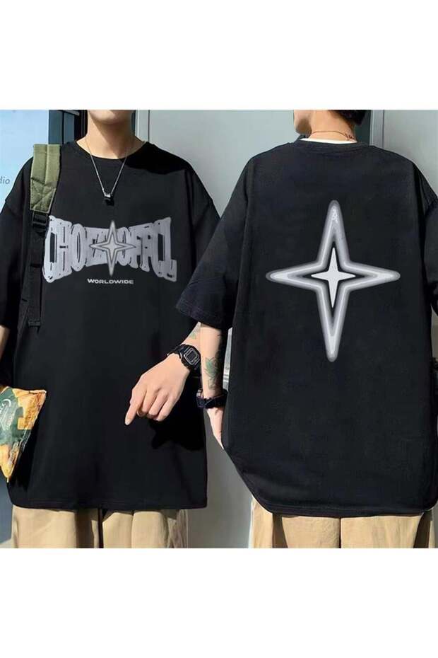 Mi̇ngalondon Worldwide Front-Back Printed Black Unisex Oversize T-Shirt