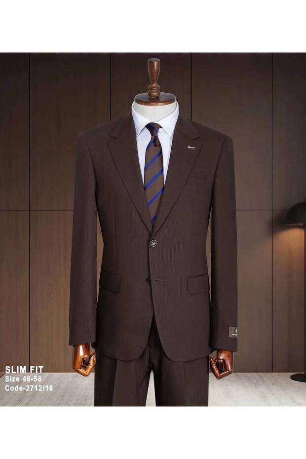 Slim Fit Brown Striped Men's Suit – Classic Stylish Business and Special Occasion Suit – Groom's Wedding Suit
