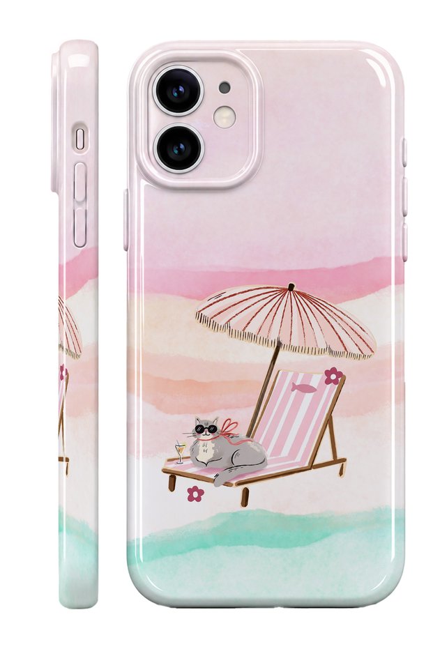 iPhone 11 Beach Cat Protect Slim Glossy Full Covering Print Camera Protected Phone Case