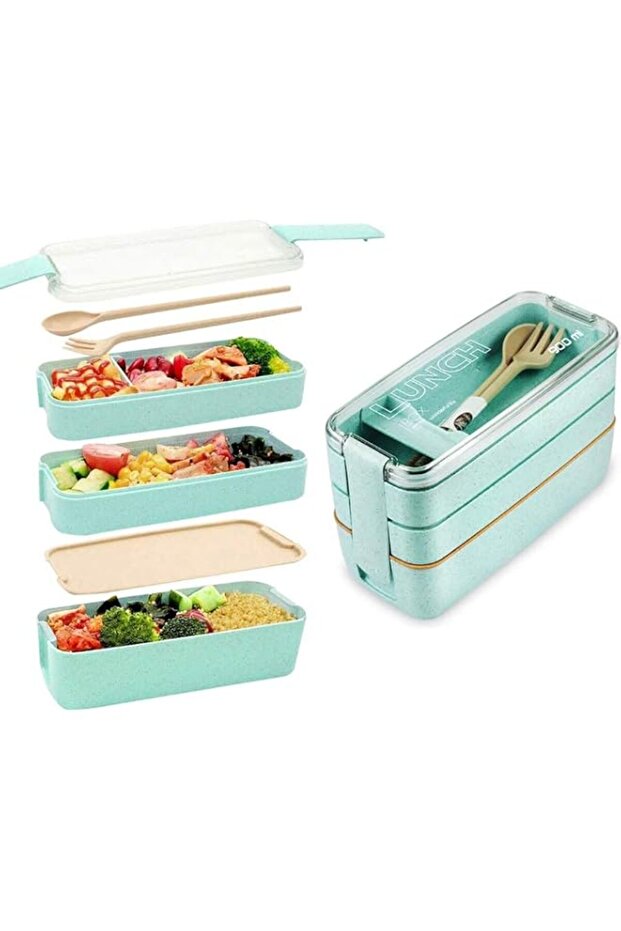 Bento Lunch Box 3-in-1 Compartment, Leakproof Meal Prep Container for Kids & Adults, Wheat Straw, Microwave Safe, Durable, 900ml, Green