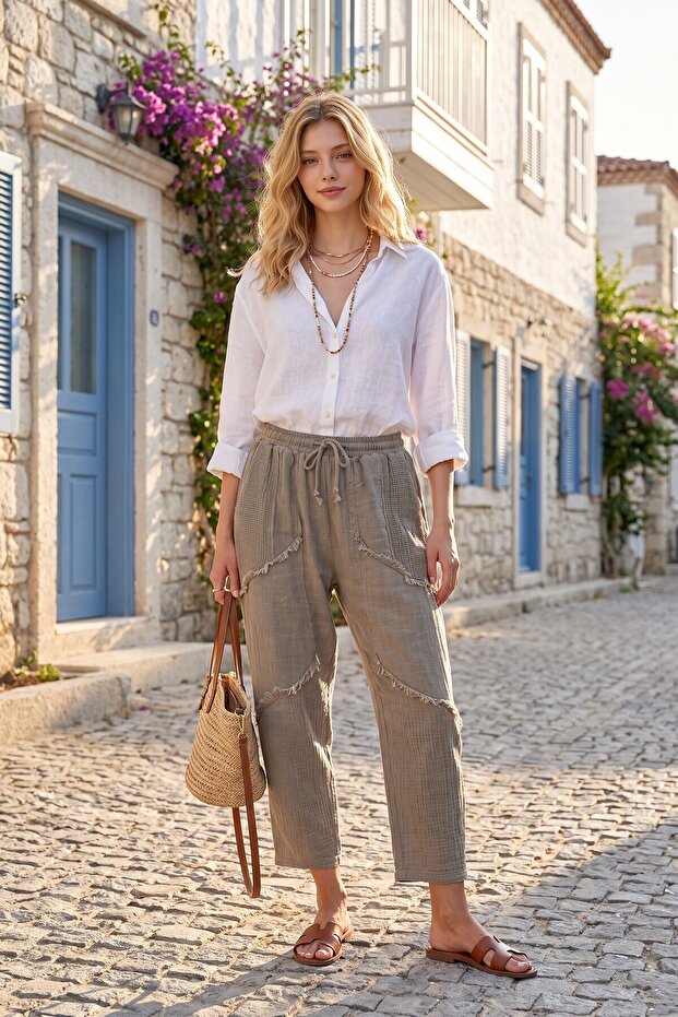 Bronze Pocketed Washed Mesh Detailed Shabby Stitched Shalwar Linen Blend Woven Trousers
