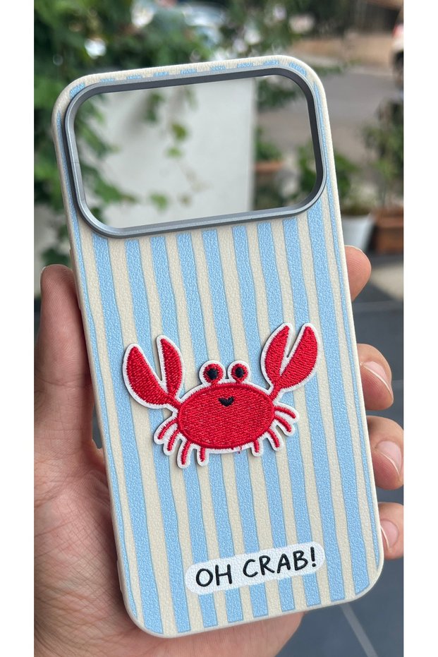 Compatible with iPhone 17 Pro / 18 Pro - Crab Embroidery, Striped Silicone Soft Touch Soft Phone Case