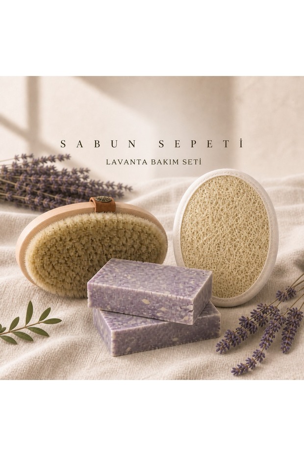 Lavender Care Set 100 g Solid Soap, Horsehair Body Brush and Pumpkin Fiber