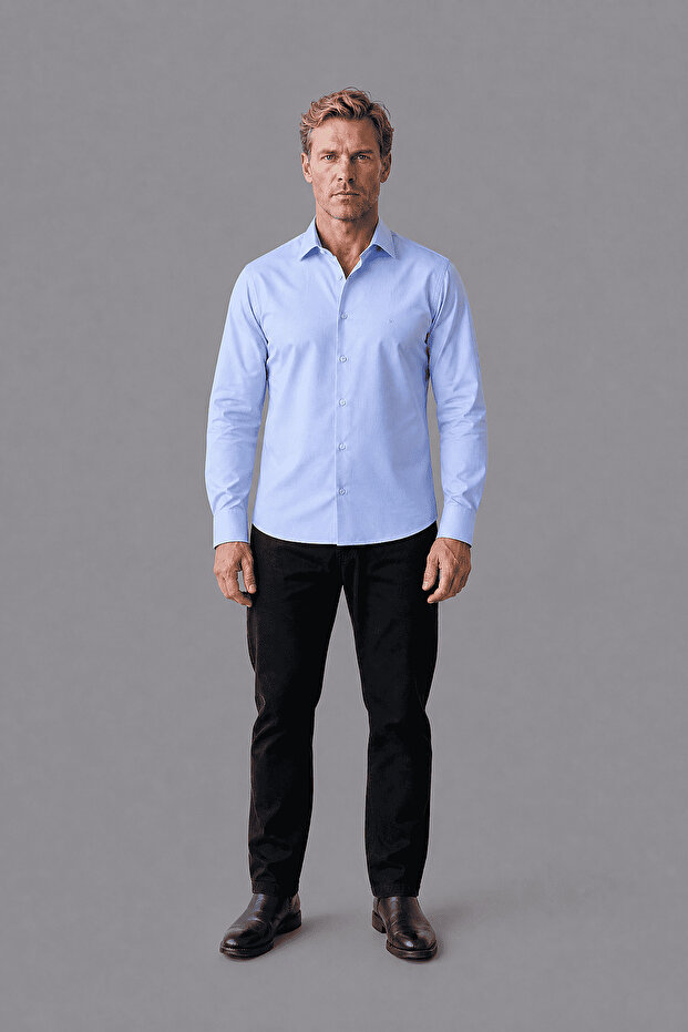 Blue Regular Fit Pocketless Classic Long Collar Shirt