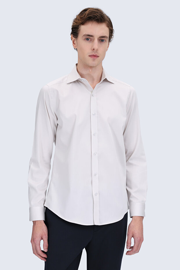 Ecru Slim Fit Open Italian Collar 100% Cotton Long Sleeve Sports Shirt
