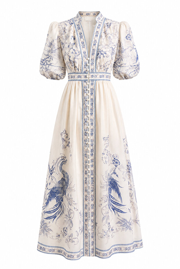 Fakir Sleeveless Blue Floral Ecru Dress