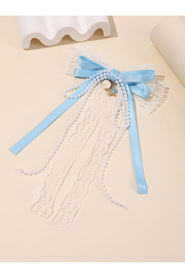 Girls Blue Seashell and Beads Embellished Bow Hair Clip