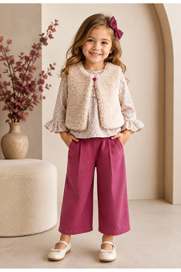Plush Vest Floral Patterned Ruffle Shirt and Trousers Three-Piece Girls' Set