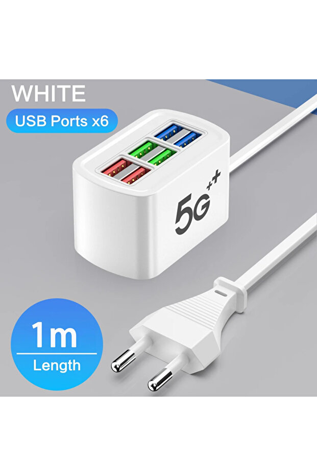 EU Charger 6-in-1 Charger Super Fast USB Power Strip Desktop Charging Station Fast Charging 1m Cord
