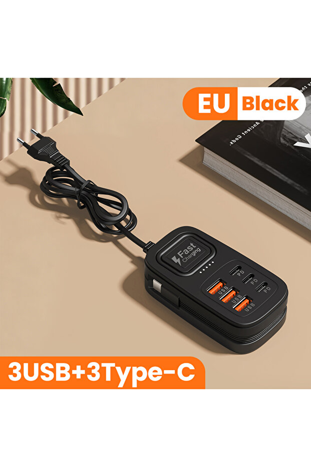 Black EU 3U3C 6-Port Charger With Cables Power Strip Desktop Charging Station Fast Charging EU/UK/US