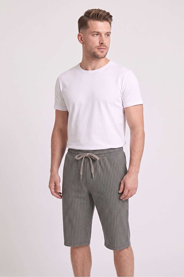 Men's Khaki Striped Combed Cotton Modal Capri
