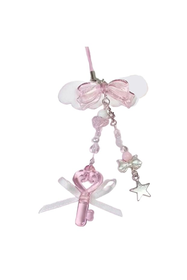 4 New Cute Acrylic Bowknot Phone Chain Pink Bear Bowknot Angel Wing Pendant Sweet Keychain Keyring