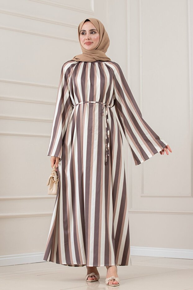 Thick Striped High Collar Dress-Brown