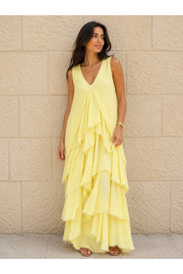 Women's Original Italian Collar Sequined Sleeveless Ruffle Dress 38-44