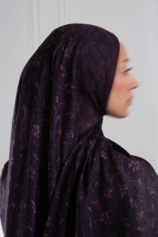 Ethnic Floral Patterned Soft Shawl Dark Plum