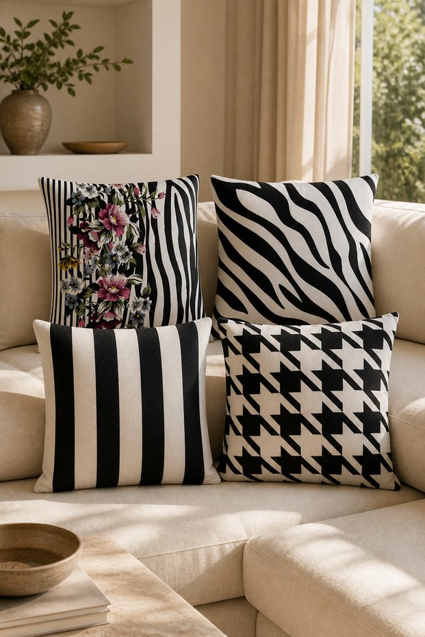 Zebra Striped Floral and Houndstooth Patterned Set of 4 Decorative Throw Pillow Covers - Black and White Modern Living Room Throw Pillow (Double Sided)