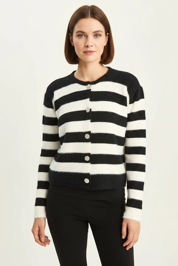 Women's Striped Bearded Knitwear Black Ecru Cardigan