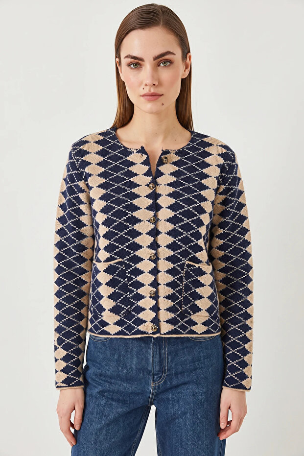Women's Side Diamond Patterned Knitwear Navy Blue Beige Cardigan