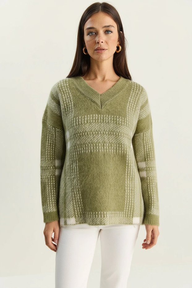 Women's Plaid Patterned Shawl Collar V-Neck Knitwear Light Green Sweater