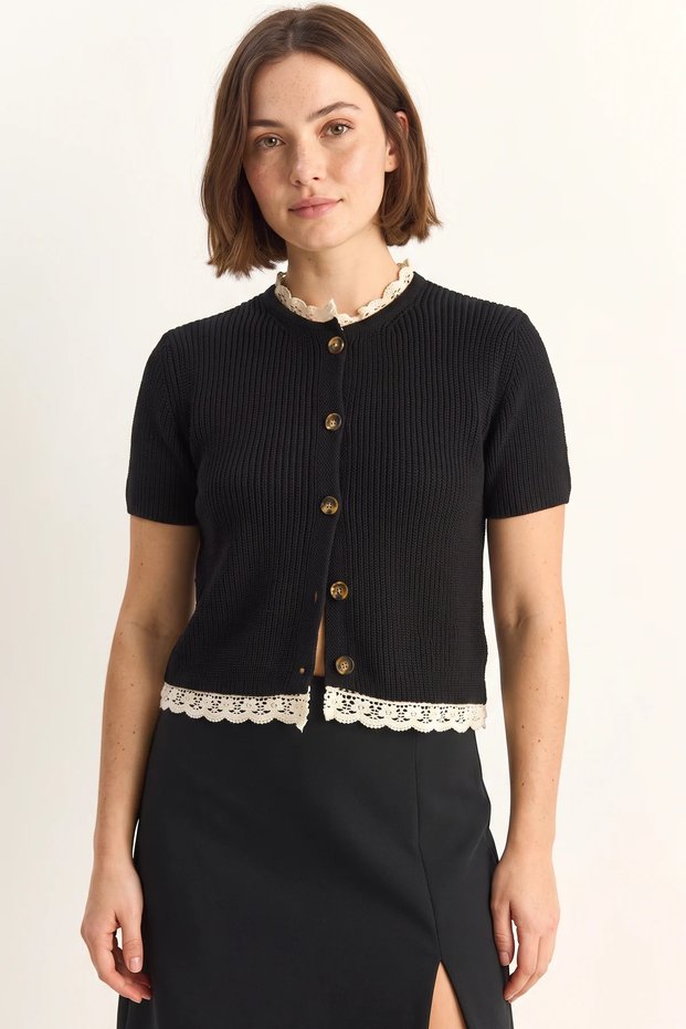 Women's Lace Detailed Buttoned Short Sleeve Knitwear Black Cardigan