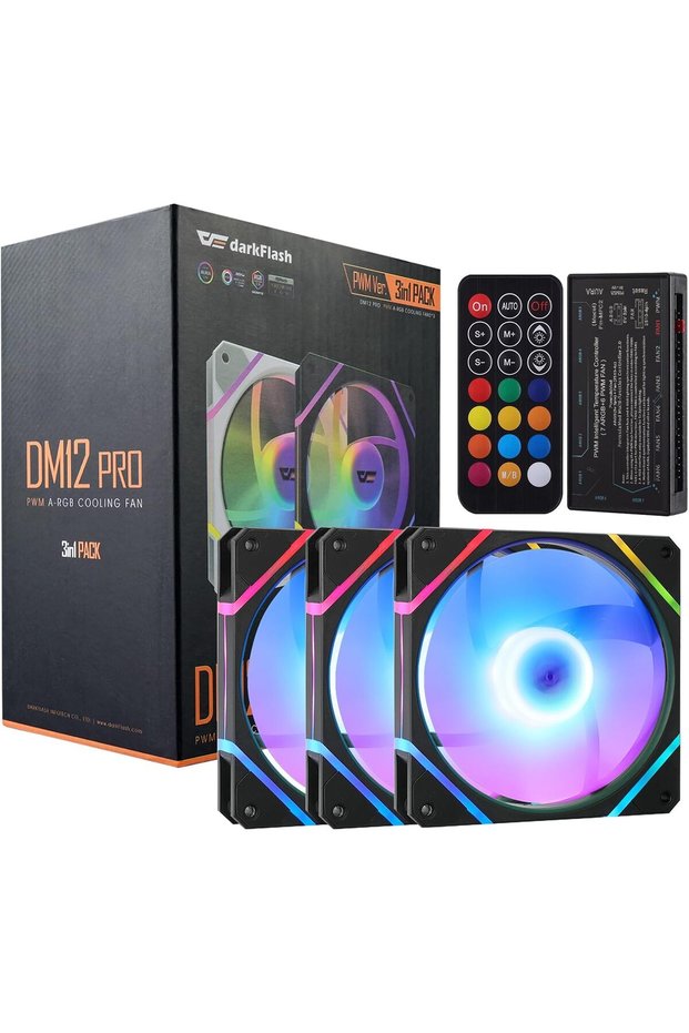 DM12PRO 3-Pack 120mm ARGB PWM P Case Fans,1600RPM,48.32 CFM,ARGB Controller Hub& Remote,5V 3-Pin ARGB Sync