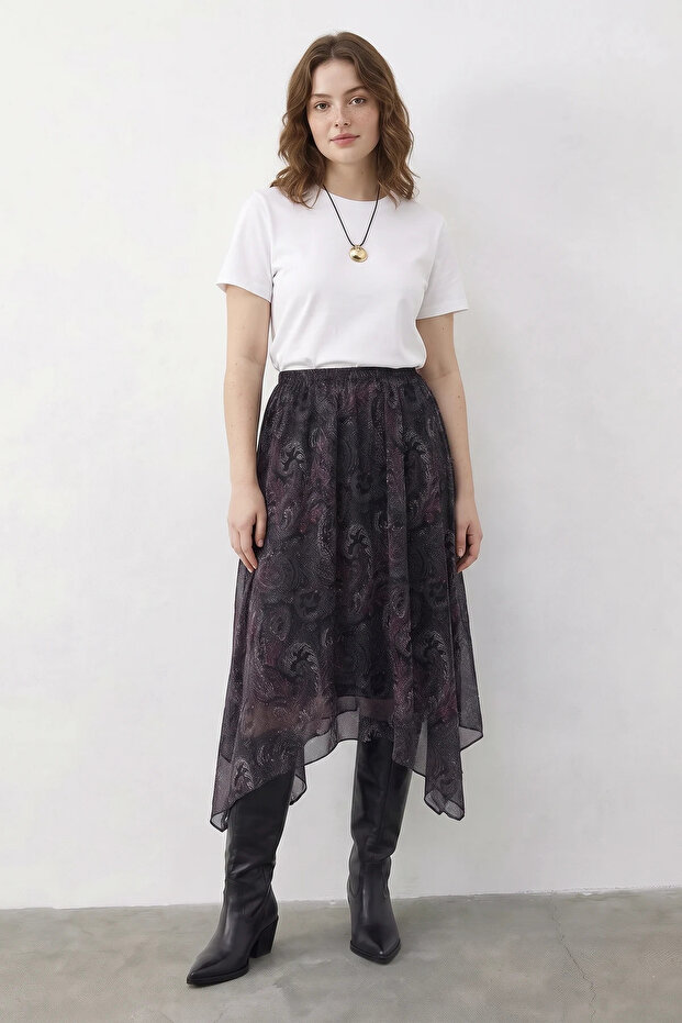 Women's Ethnic Patterned Asymmetrical Cut Lined Anthracite Skirt