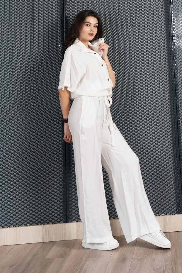 Women's Summer Ecru Trendy Suit with Elastic Waist Tunnel and Elastic Blouse and Pocketed Trousers 1196