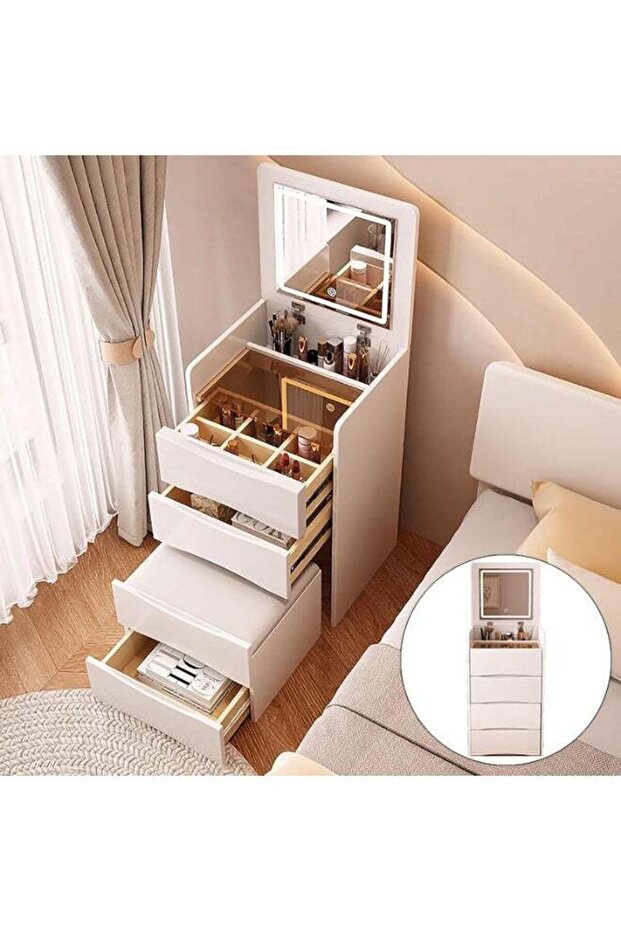 Makeup Table with Flip Top Mirror and Removable Storage Padded Seat Stool Led Smart Glass Dressing Table Chair Set,Modern Vanity Desk Set with LED Lighted Mirror Cushioned Stool and 3 Drawer (White, S