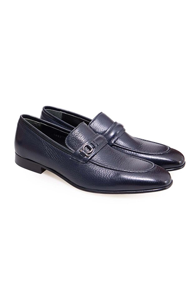 Dark Blue Color Laceless Genuine Leather Leather Sole Men's Shoes