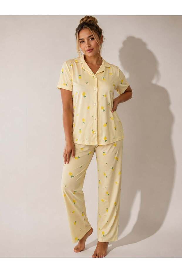 Women's Soft Textured Lemon Patterned Short Sleeve Buttoned Pajama Set 8026 Yellow
