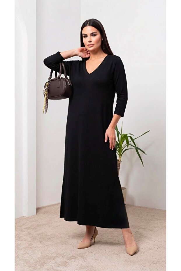 Women's Plus Size Three Quarter Sleeve V-Neck Long Dress 5475-26