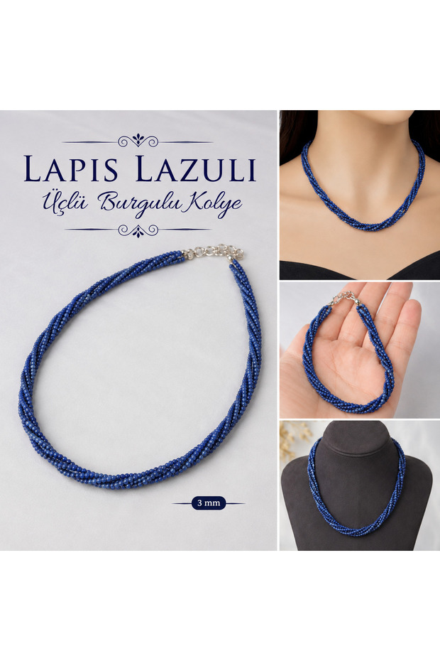 Lapis Lazuli 3 Row Twist Necklace | 3 mm – 45 cm Certified